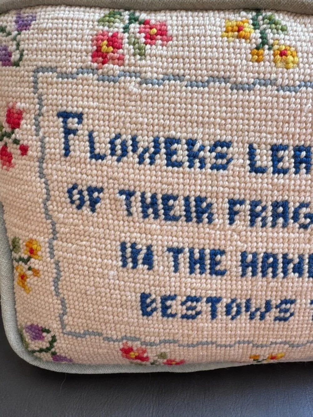 Vintage Needlepoint Pillow With Floral Design & Blue Velvet Backing 11